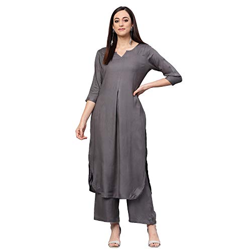 Image of idaLia Rayon Solid Straight Brown Kurta Set for Women with Palazzo 3 /4 Sleeve, Round V Neck Designer Kurta with Palazzo Pant Set