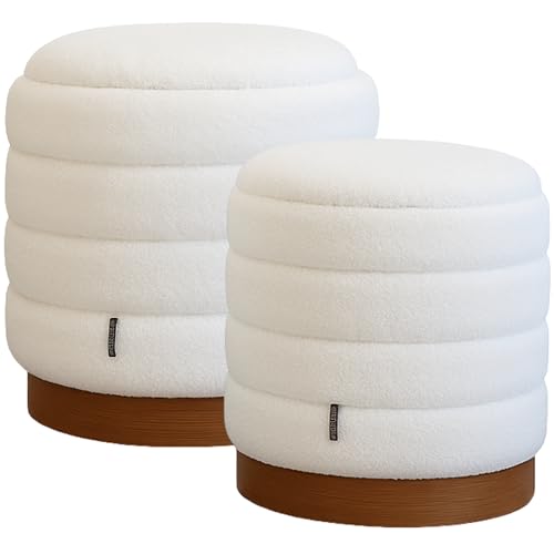 LAMBY HOME Pack 2 Puff Almacenaje de Salon Borreguito - Taburete Tocador, Reposapies Salon, Puf Cama, Taburete Bajo Almacenaje, Otomana, Puf Asiento con Tapa, 46x42x42 cm + 37x34x34 cm