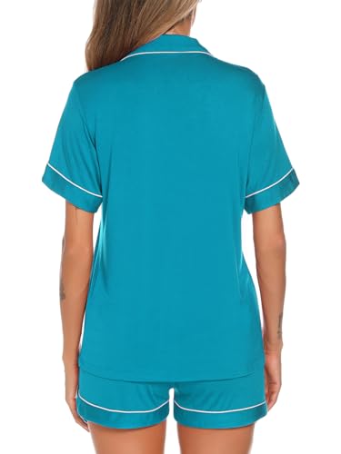 Image of Aamikast Button Up Pajama Set for Women Shorts Short Sleeve Knit Sleepwear 2 Pice Pjs Sets