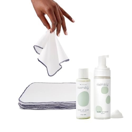 Image of Esembly Wipe Up Wash Kit and 12pk Wipe Ups Bundle Organic Cotton Reusable Wipes plus Organic No-Rinse Foaming Wipes Solution, Kit Includes Refillable Foamer Bottle, Concentrate and Washable Wipe Ups