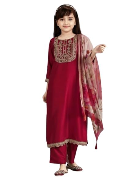 Image of Girls Ethnic Embroidered Silk Kurta Pant and Jacquard Dupatta Set | Kids Salwar Suit | three piece Traditional Outfit