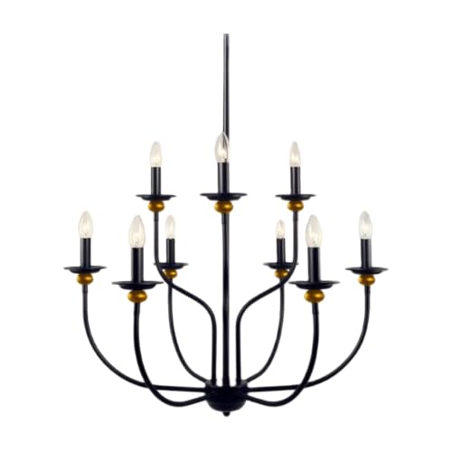Image of 9-Light Chandelier, Black Metal with Gold Accents, Traditional Candle Style