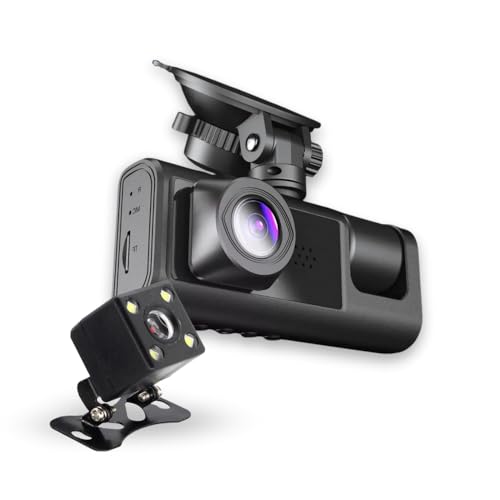 Câmera Veicular 3 Lentes Full HD 1080p, Gravação 360°, Visão Noturna, Sensor G, Detecção de Movimento, Tela LCD, Suporte 32GB