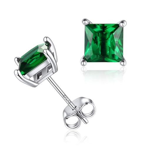 Clou d'Oreilles pour Femme - Boucle d’oreilles Puces en Argent 925 avec Cristaux Émeraude Vert Pierre Carré Diamètre 6 mm Brillante Bijoux Cadeaux...
