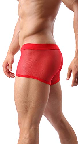 Mens Sexy Underwear Breathable Mesh Boxer Briefs See Through Hollow Lingerie Red Large