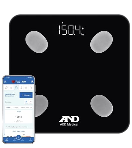 A&D Medical Smart Scale for Body Weight - UC-450BLE - Bluetooth Body Fat Scale with BMI, Body Composition, Digital Bathroom Scale, Tracks 7 Biometrics, Syncs with A&D App - 397lb
