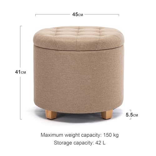 HNNHOME 45 cm ronde linnen Ottomaanse opbergkruk met gewatteerde zitting, voetenbank, poef, stoel met deksel (Beige) - Afbeelding 4
