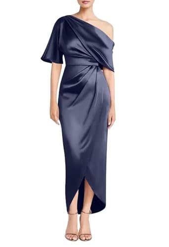 One Shoulder Satin Mother of The Bride Dresses for Women Tea Length Ruched Formal Evening Dress