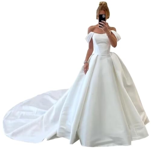 A Line Off Shoulder Satin Wedding Dresses for Bride Long Bridal Gowns for Women with Sweep Train