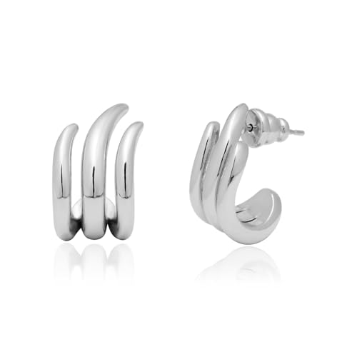 Image of Obidos 14K Gold Plated Illusion Stud Earrings for Women | Triple Huggie Hoop Earrings for One Hole| Trendy Simple Hypoallergenic Fashion Accessories Gold Jewelry Gifts for Womens