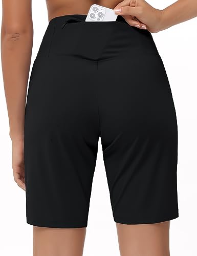 THE GYM PEOPLE Women's High Waisted Bermuda Workout Shorts Long Hiking Running Shorts with Zipper Pockets3