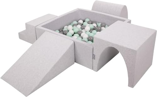 KiddyMoon Aire De Jeux en Mousse avec Carré Piscine À Balles (300 Balles) pour Enfants, Gris Clair: Blanc/Gris/Menthe