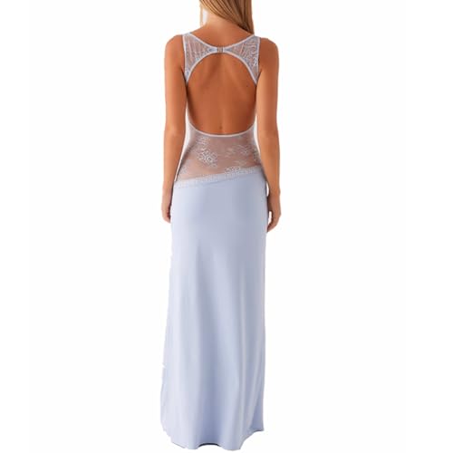 XIXIMAON Robe Longue Sexy Moulante Dos Nu pour Femme Robe de Soirée Cocktail Elégant sans Manches en Dentelle Patchwork Y2K Clubwear (Bleu, S)