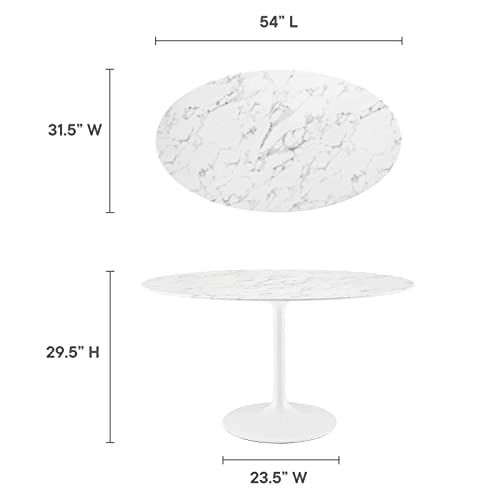 Image of Modway Lippa 54 inch Oval-Shaped Mid-Century Modern Dining Table with Artificial Marble Top and White Base