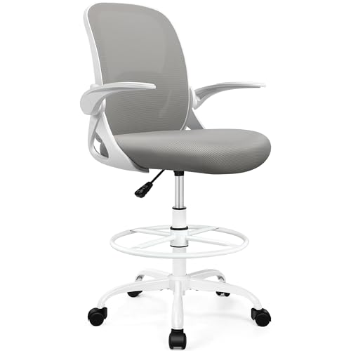 Image of Drafting Chair Tall Office Chair with Flip-up Armrests, Adjustable Height, and Enhanced Lumbar Support - Ergonomic Rolling Stool, Back Support, and Adjustable Foot Rest Ring for Standing Desk Gray