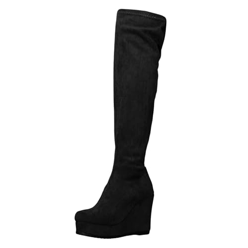 Generic Women's Fashion Autumn Winter Over Knee Lace Up Boots Flat Low Heel Solid Color Suede Boots Thigh High Boots Platform