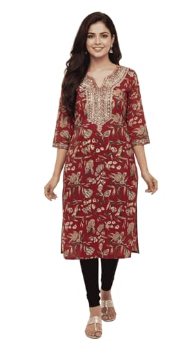 Image of Traditional Floral Print Rayon Kurti, V-Neck, 3 /4 Bell Sleeves, Knee Length, Red, Medium
