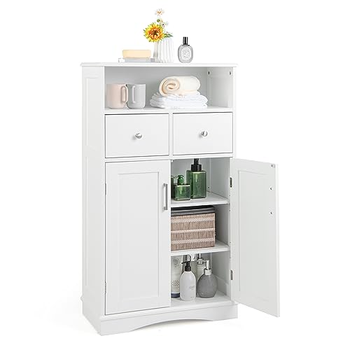 Tangkula Bathroom Cabinet, Floor Standing Storage Organizer w/2 Drawers & 2 Doors, 3-Position Adjustable Shelves, Anti-Toppling Design, Floor Cabinet for Bathroom (White, 2 Drawers & Cabinet)