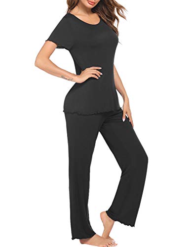 Ekouaer Pjs for Women Short Sleeve Pajama Set Sleepwear Set Two Piece Pajams PJ Long Pants Black Small