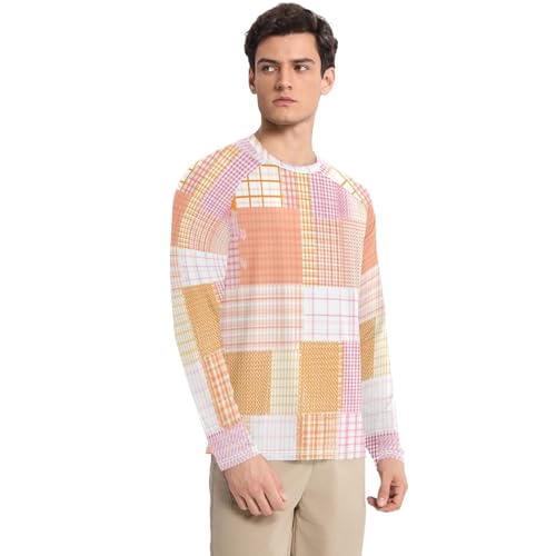 Herringbone Houndstooth Checked Orange Pink Jellyfishs Men's Rash Guard Breathable Comfort UV Sun Protection Shirts Running3