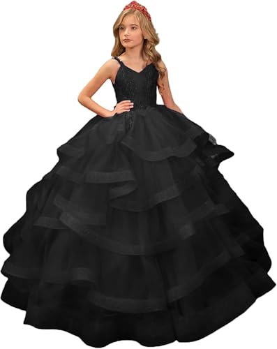 Tulle Flower Girl Dress Long Pageant Dresses for Girls Ruffles Lace Appliques Princess Kids Birthday Party Ball Gowns