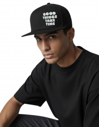 Image of Tai & Zai Black Snapback Hat with Printed, Adjustable Flat Brim Cap, Six Hole Breathable Design