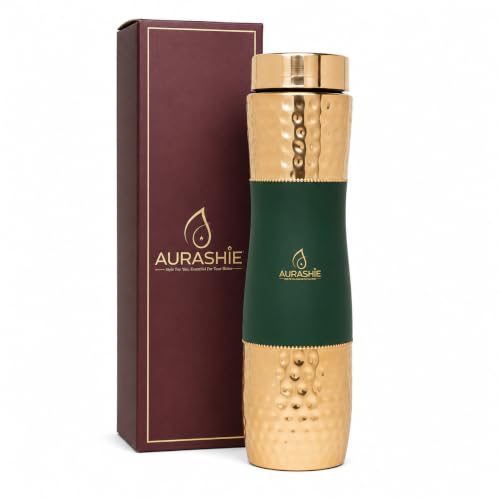 Image of Pure Copper Water Bottle 1 Litre | BPA Free & Leak Proof | Copper-Infused Water | Durable & Rust Proof | Ayurveda Health Benefits - Hammered Finish (Green Grip Sleeve)