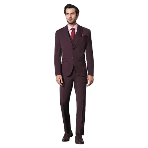 Image of Blackberrys Men Polyester Solid Slim Burgundy Peak Suit