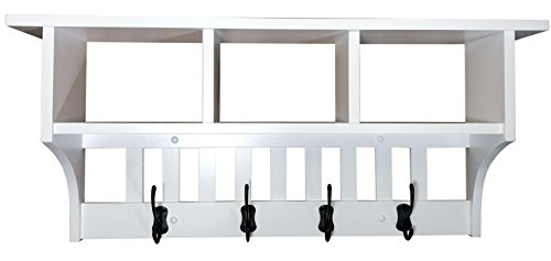 Get Discount 70% Price Wall Mounted Coat Rack with Cubbies – Mission Style Cubby Coat Hanger – Entryway Organizer with Hooks – Rustic Farmhouse Mounted Wall Shelf Rack (4 Hooks, Brown Maple Wood, White)