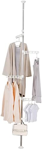 DAHOOMII 4-Tier Adjustable Laundry Pole Clothes Drying Rack Tension Rod Corner Metal Coat Tree Hanger Garment Stand Heighten Floor to Ceiling Clothing Storage Organizer - Ivory