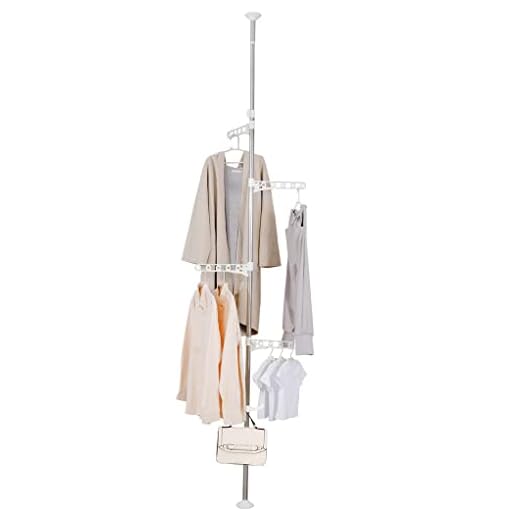 DAHOOMII 4-Tier Adjustable Laundry Pole Clothes Drying Rack Tension Rod Corner Metal Coat Tree Hanger Garment Stand Heighten Floor to Ceiling Clothing Storage Organizer - Ivory