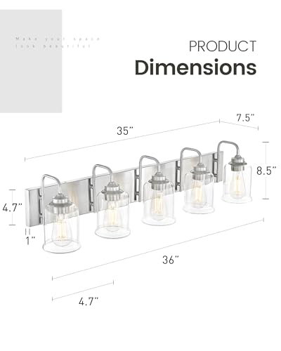 Image of zeyu 36 Inch Farmhouse Modern Bathroom Lighting Fixture, 5-Light Bathroom Vanity Light, Brushed Nickel Finish with Clear Glass Shade, ZSL72B-5W BN