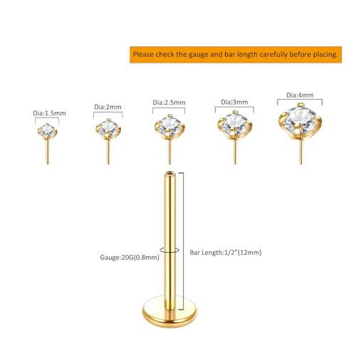 Oveta Threadless Nose Stud Stainless Steel 20G 18G 16G Threadless Flat Back Tragus Earrings Labret Medusa Monroe Ashely Lip Piercing Jewerly Gold2