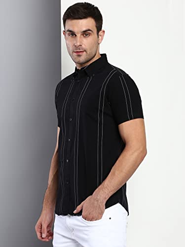 Image of Dennis Lingo Men's Striped Slim Fit Cotton Casual Shirt with Spread Collar & Half Sleeves