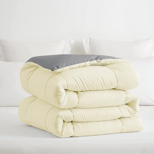 Image of Restful Sleep Reversible All Weather Comforter Single Bed Size - Dohar /Rajai /Blanket /Duvet -250 GSM Quilt Soft Microfiber Fill Single Size (60 inchX90 inch) - Ivory /Silver Grey Color