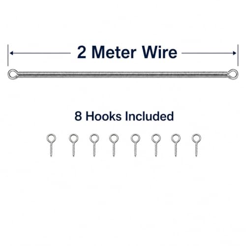 Image of Livshine Spring Curtain Wire 2 Meter with 8 Screw Eye Hooks, Flexible Metal Curtain Hanging Wire Kit for Windows, Cafe Curtains, Photo Display, String Lights and Decor