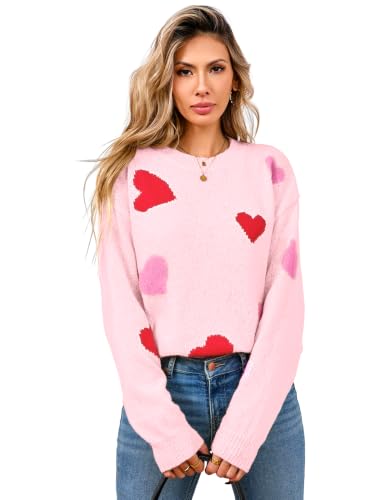 Image of Women's Cute Heart Sweaters Fall Casual Long Sleeve Knit Pullover Tops | 2026 Trendy Crew Neck Ribbed Kint Sweater Oversized Winter Outfit Clothes