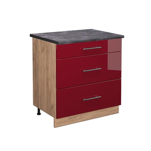 Vicco Meuble Cuisine Fame-Line, Rouge Bordeaux Haute Brillance, 80cm avec 3 tiroirs, PT Anthracite, à Combiner avec d'autres modules de la série Fame-Line