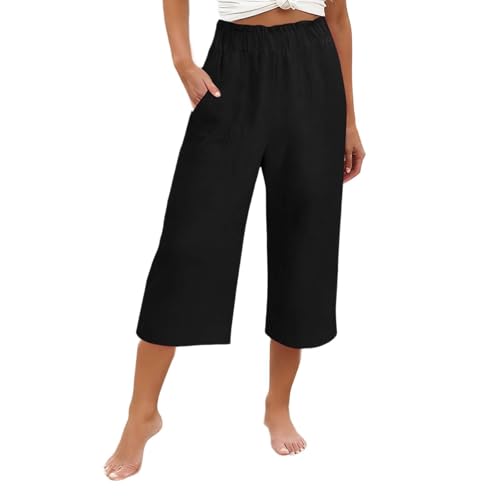 Pantalon lin femme 3/4 décontracté chic et pantacourt large fluide taille haute