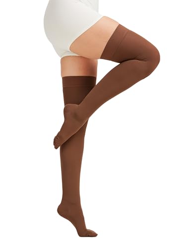 Image of NURCOM 15-20 mmHg Medical Compression Stockings with Dot Silicone Band, Closed Toe Thigh High Compression Socks for Women & Men, Graduated Support Stockings for Varicose Veins, Edema,Brown,XX-Large