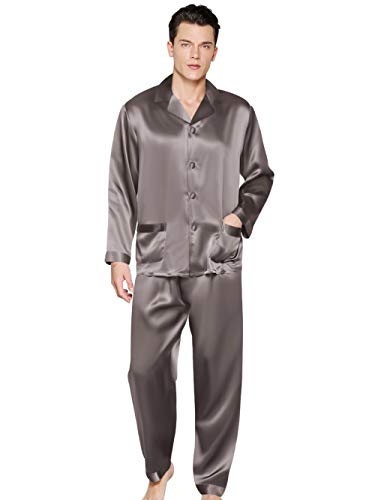ElleSilk 100% Soie Pyjama pour Homme, Ensemble de Pyjama de Soie, 22 Momme, Gris Charbon, L