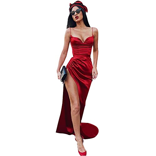 Sweetheart High Split Mermaid Prom Dresses Long Spaghetti Strap Satin Formal Ball Gown