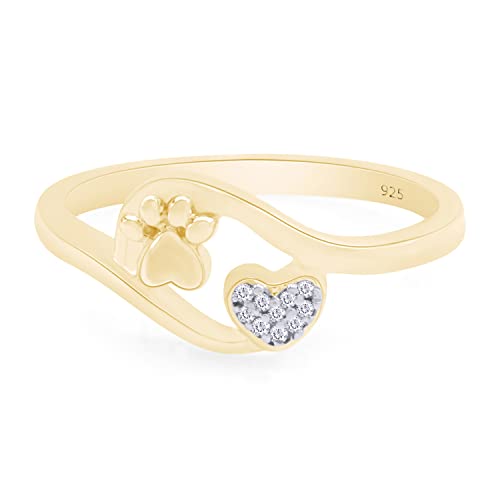 White Natural Diamond Accent Paw Print Heart Ring in 14k Gold Over Sterling Silver (I-J Color, 0.03 Cttw)