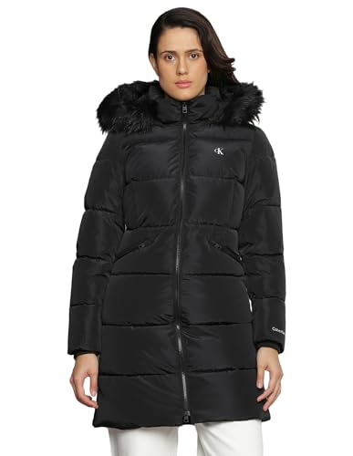 Calvin Klein Jeans Damen Mantel Faux Fur Hooded Fitted Long Winter, Schwarz...
