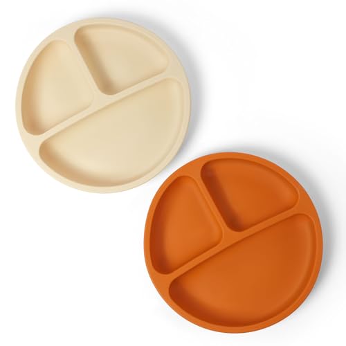 Aolso Assiettes en Silicone avec Ventouse, 2PCS Assiette Ventouse, Ustensiles, Incassable Divisées- Passe Au Lave-vaisselle et Au Micro-ondes (Marron/Beige)