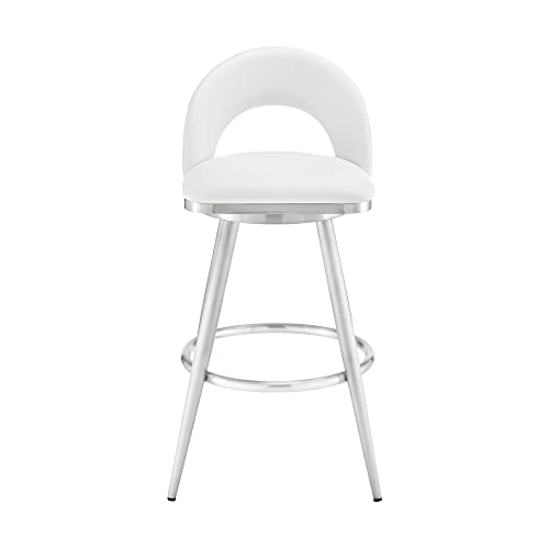 Armen Living Charlotte Swivel Counter Stool in Brushed Stainless Steel with White Faux Leather