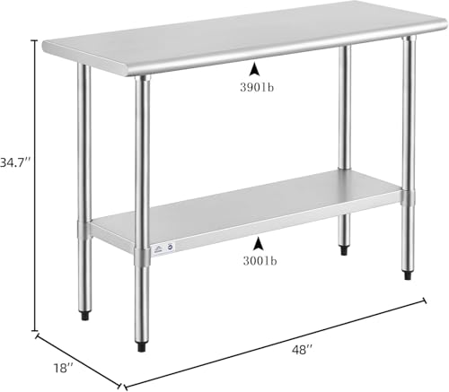 Image of ROCKPOINT Stainless Steel Table for Prep & Work 18x48 Inches, NSF Metal Commercial Kitchen Heavy Duty Table with Adjustable Under Shelf and Table Foot for Restaurant, Home and Hotel