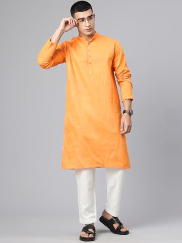 Image of Majestic Man Men's Cotton Regular Fit Traditional Mandarin Collar Ethnic Motifs Solid Long Kurta