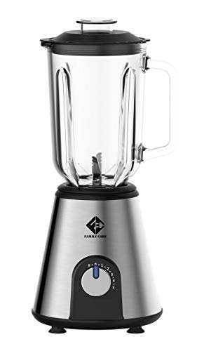 Family Care Batidora de vaso de 1000 W, jarra de cristal 1.5L, cuchilla 6 hojas acero inoxidable, 7 velocidades y turbo, base Acero inoxidable
