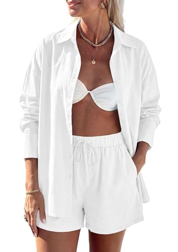 PRETTYGARDEN Womens Summer 2 Piece Matching Lounge Sets Pajamas Long Sleeve Shirts Blouse Pockets Shorts 2026 Spring Outfits (White Medium)